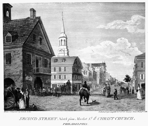 Second St., Philadelphia. /Nview Of Second Street In Philadelphia, Pennsylvania, Looking North From Market Street, With Christ Church In The Distance. Line Engraving, 1799, By William Birch & Son. Poster Print by Granger Collection - Item # VARGRC000