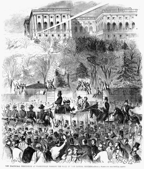 Lincoln: Inauguration, 1861. Abraham Lincoln Arriving At The Capitol, In An Open Carriage With Outgoing President James Buchanan, For His Inauguration As 16Th President Of The United States On 4 March 1861. Engraving, 1861. Poster Print by Granger Co