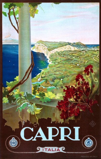 One of a series produced by the Italian Tourist Bureau often in cooperation with the Italian State Railway System.  Shows an idyllic landscape of the Italian island of Capri from artist Mario Borgoni. Poster Print by Mario Borgoni - Item # VARBLL0587