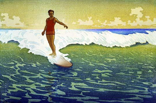 Surfer riding wave.  High quality vintage art reproduction by Buyenlarge.  One of many rare and wonderful images brought forward in time.  I hope they bring you pleasure each and every time you look at them. Poster Print by Charles William Bartlett -