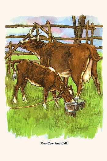 Moo Cow & Calf.  High quality vintage art reproduction by Buyenlarge.  One of many rare and wonderful images brought forward in time.  I hope they bring you pleasure each and every time you look at them. Poster Print by Bird & Haumann - Item # VARBLL