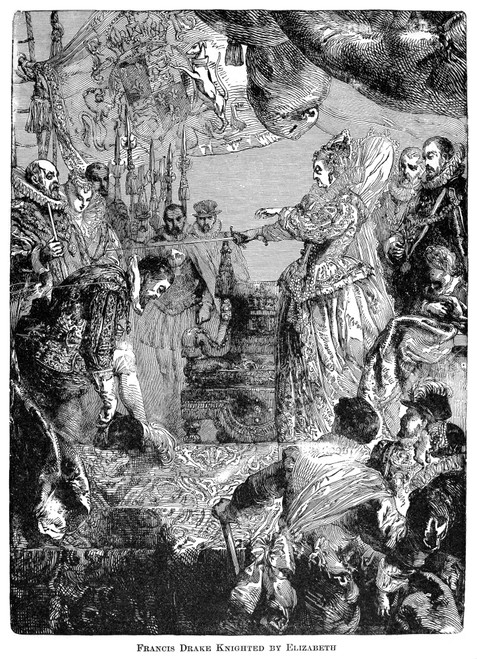 Sir Francis Drake (1540-1596). /Nenglish Naval Commander And Navigator. Queen Elizabeth I Knighting Francis Drake On The Deck Of The 'Golden Hind' In Deptford In April 1581. Wood Engraving, 19Th Century. Poster Print by Granger Collection - Item # VA