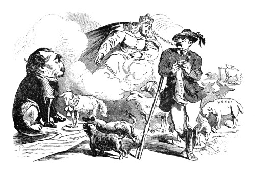 Prince Otto Von Bismarck /N(1815-1898). Prince Otto Von Bismarck-Schonhausen. Prussian Statesman. Cartoon, 1866, Depicting Bismarck As The Good Shepard Tending The Flock Of The New Prussian Territories, And Rejecting Napoleon Iii'S Plea For Land. Pos