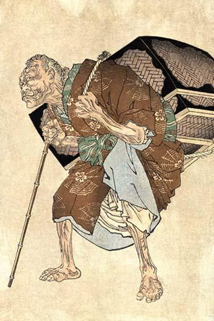 Ukiyo-e print illustration showing an old woman(?) carrying a large basket on her back, a gift from the sparrow whose tongue she had cut; the basket is full of demons instead of the treasure she is expecting.  Shitakiri suzume Poster Print by Taiso Y