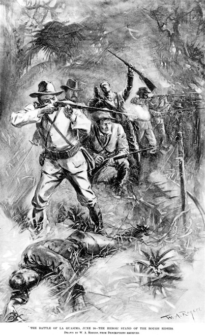 Las Guasimas, Cuba, 1898. /Nthe Heroic Stand Of The Rough Riders At The Battle Of Las Guasimas, Cuba, On 24 June 1898; Colonel Theodore Roosevelt Is Seen Second From Left: Contemporary Drawing By W.A. Rogers. Poster Print by Granger Collection - Item