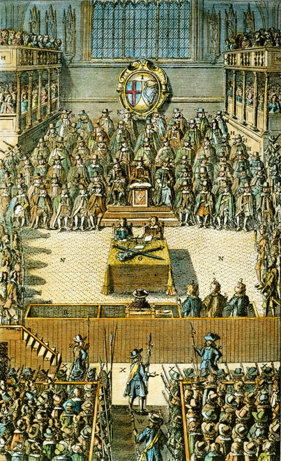 Charles I On Trial. /Nking Charles I Of England (Seated Alone Just Before Center) On Trial Before A Specially Constituted High Court Of Justice In Westminster Hall On 20 January 1649. Colored English Engraving, 1684. Poster Print by Granger Collectio