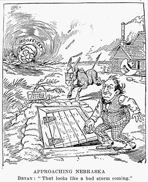 Presidential Campaign, 1900. /Ndemocratic Presidential Candidate William Jennings Bryan Is Threatened By The Nationwide Campaign Of Theodore Roosevelt, The Republican Vice Presidential Candidate, In This Cartoon From The Minneapolis Journal, 1900. Po