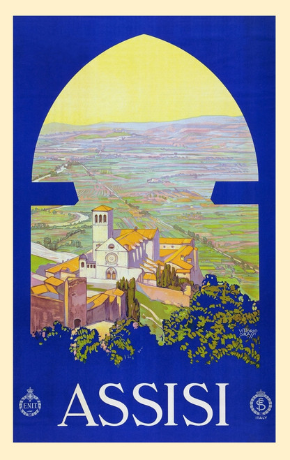 A lovely work of art by Vittorio Grassi enticing tourists to travel to the Italian town of Assisi. The poster was one of a series produced by the Italian Tourist Bureau often in cooperation with the Italian State Railway System. Poster Print by Vitto
