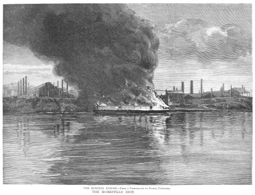 Homestead Strike, 1892. /N'The Burning Barges.' The Attempt By Strikers To Burn The Barges Bringing Pinkerton Agents To Homestead In July 1892. Wood Engraving From A Contemporary American Newspaper. Poster Print by Granger Collection - Item # VARGRC0