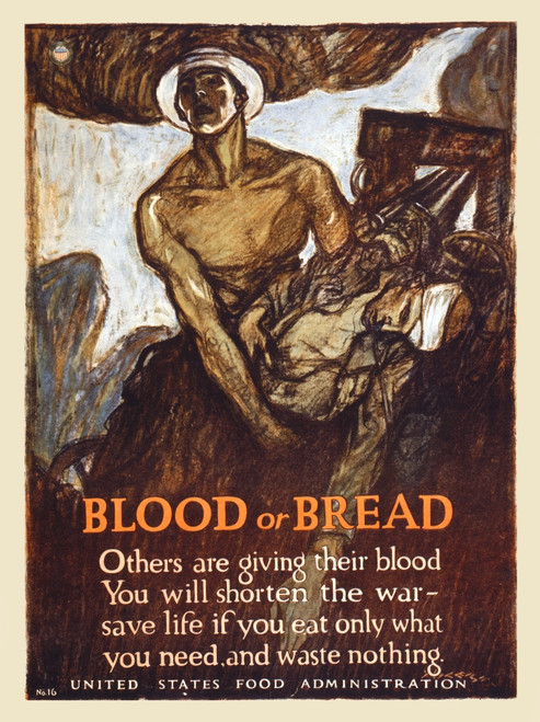 Poster showing a man lifting an injured man.  Text reads, "Blood or bread Others are giving their blood - You will shorten the war - save life, if you eat only what you need, and waste nothing."  Art by Henry Raleigh Poster Print by Henry Raleigh - I