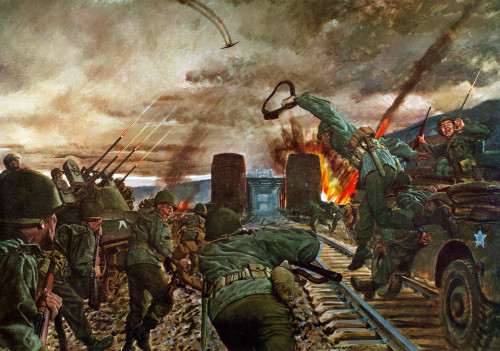 Wwii: Rhine River, 1945. /Nremagen Bridgehead. The 27Th Armored Infantry Batallion Of The U.S. Army 9Th Division Crossing The Rhine River Over The Ludendorff Bridge At Remagen, Germany, 7 March 1945. Painting By H. Charles Mcbarron, Jr. Poster Print