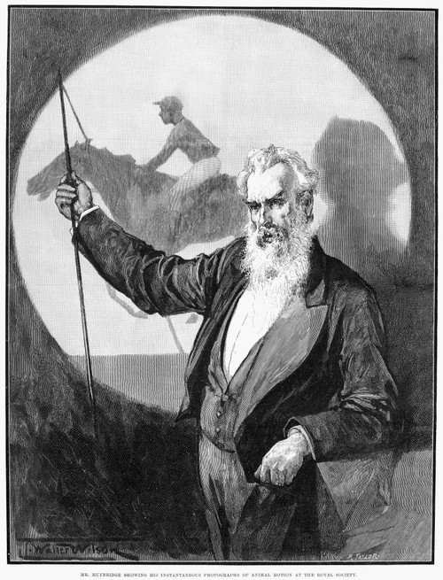 Eadweard Muybridge /N(1830-1904). American (English-Born) Photographer And Motion-Picture Pioneer. Muybridge Showing His Study Of A Horse In Motion At The Royal Scoiety In London. Wood Engraving, English, 1889. Poster Print by Granger Collection - It