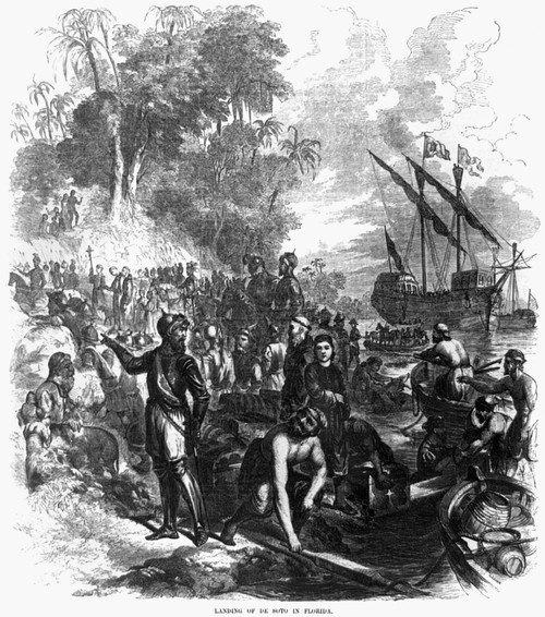 De Soto (C1496-1542). /Nhernando De Soto. Spanish Explorer In America. 'Landing Of De Soto In Florida.' De Soto With Soldiers, Sailors And Priests Landing In Florida In 1539. Wood Engraving, 1855. Poster Print by Granger Collection - Item # VARGRC011