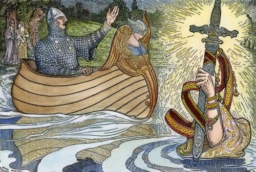 King Arthur And Excalibur. /Nking Arthur Receiving The Sword Excalibur From The Lady Of The Lake. Illustration By Louis Rhead (1857-1926) For 'The Story Of King Arthur & His Knights,' By Sir James Knowles, 1923. Poster Print by Granger Collection - I