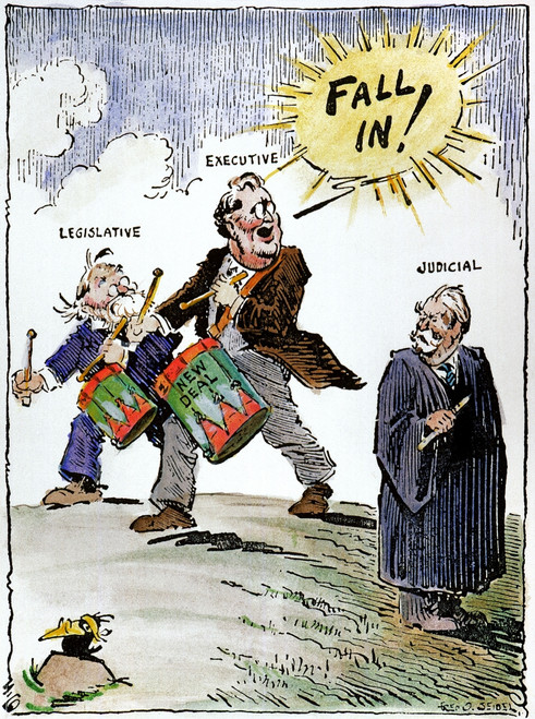 Roosevelt Cartoon, 1937. /N'The Supreme Court Under Pressure.' President Franklin D. Roosevelt Tells The Old Men On The Supreme Court To Get In Step With His New Deal Legislative Efforts. American Cartoon, 1937, By O. Seibel. Poster Print by Granger