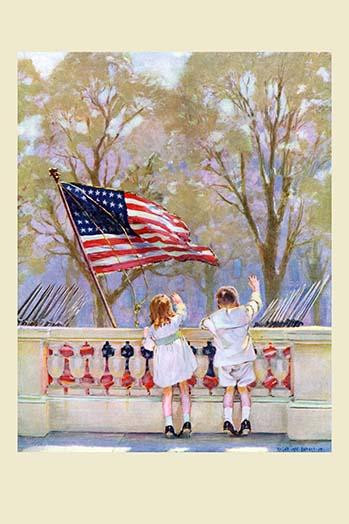As American soldiers march off to the first World War, a pair of children wave from a balcony before a large American flag.  Magazine cover to the original "life" magazine from June 21, 1917.   Art by Angus MacDonall. Poster Print by Angie MacDunall