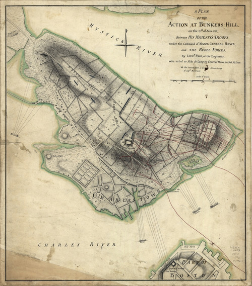 Handtinted plan of the action at Bunkers-Hill, on the 17th. of June, 1775, between His Majesty's troops under the command of Major General Howe, and the rebel forces.  Boston, Mass.  By Sir Thomas Hyde Page, 1746-1821 and John Montr?sor, 1736-1799. P