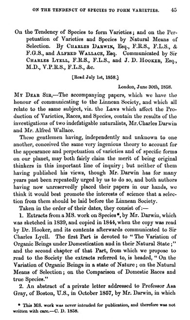 Charles Robert Darwin /N(1809-1882). The Beginning Of The Preliminary Report Of The Theory Of Evolution By Charles Darwin And Alfred Russel Wallace In The 'Journal Of The Proceedings Of The Linnean Society,' 1858. Poster Print by Granger Collection -