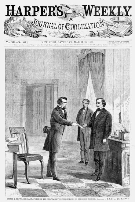 Johnson: Impeachment, 1868. /Npresident Andrew Johnson Accepts The Senate Summons To His Impeachment Trial, Presented To Him By George Brown, The Seargent-At-Arms, 7 March 1868. Wood Engraving From A Contemporary American Newspaper. Poster Print by G