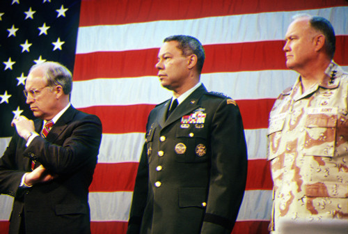 Secretary Of Defense Richard Cheney Gen. Colin Powell Chairman Joint Chiefs Of Staff And Gen. Norman Schwarzkopf Commander U.S. Central Command During An Award Ceremony Prior To The Welcome Home Parade Honoring The Coalition Forces Of - Item # VAREVC