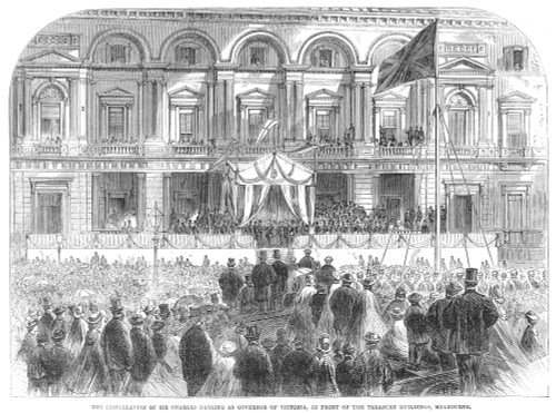Australia: Melbourne, 1863. /Nthe Installation Of Sir Charles Darling As Governor Of The State Of Victoria, In Front Of The Treasury Building At Melbourne, 1863. Wood Engraving From A Contemporary English Newspaper. Poster Print by Granger Collection