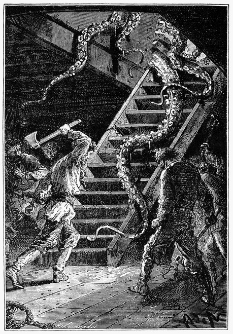 Verne: 20,000 Leagues, 1870. /Na Giant Octopus Attacking The Submarine Vessel 'Nautilus.' Engraving After A Drawing By Alphonse De Neuville From An 1870 Edition Of Jules Verne'S 'Twenty Thousand Leagues Under The Sea.' Poster Print by Granger Collect