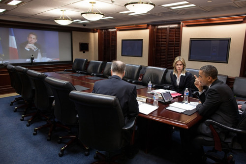 President Barack Obama In A Video Teleconference With President Nicolas Sarkozy Of France. With The President In The Situation Room Of The White House Are National Security Advisor Tom Donilon And Sr. Dir. For European Affairs History - Item # VAREVC