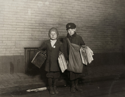 Hine: Newsboys, 1912. /N10-Year-Old Stanley Steiner, Boot-Black And Newsboy With 13-Year-Old Jacob Botvin, Newsboy Selling Newspapers At Night In Providence, Rhode Island. Photograph By Lewis Hine, November 1912. Poster Print by Granger Collection - Hine: Newsboys, 1912. /N10-Year-Old Stanley Steiner, Boot-Black And Newsboy With 13-Year-Old Jacob Botvin, Newsboy Selling Newspapers At Night In Providence, Rhode Island. Photograph By Lewis Hine, November 1912. Poster Print by Granger Collection -