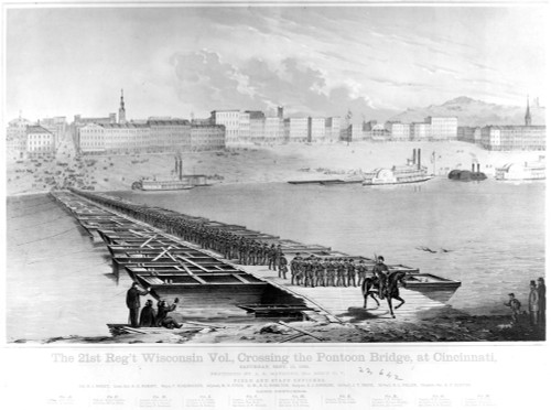 Civil War: Pontoon Bridge. /Nunion Troops Of The 21St Regiment Wisconsin Volunteers Crossing The Pontoon Bridge Over The Ohio River At Cincinnati, Ohio. Lithograph Of A Sketch By A.E. Mathews, 13 September 1862. Poster Print by Granger Collection - I