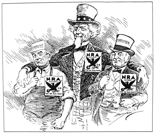 Cartoon: New Deal, 1933. /Namerican Cartoon Showing The Spirit Of Cooperation Between Employers And Employees Fostered By The National Recovery Act, One Of President Roosevelt'S Early New Deal Programs. Cartoon By Clifford Berryman, 1933. Poster Prin