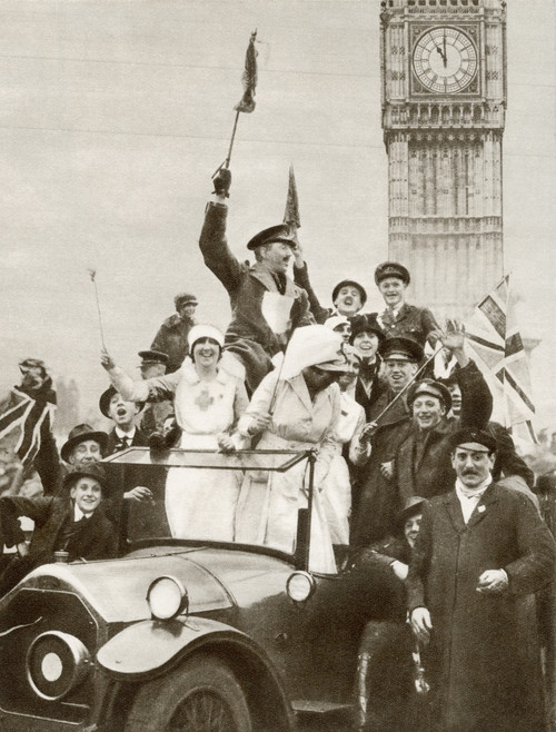 Crowds in Whitehall, London, England at 11 o clock on the 11th  November 1918, celebrating the end of World War One.  From The Story of 25 Eventful Years in Pictures published 1935 Poster Print by Hilary Jane Morgan / Design Pics - Item # VARDPI12283