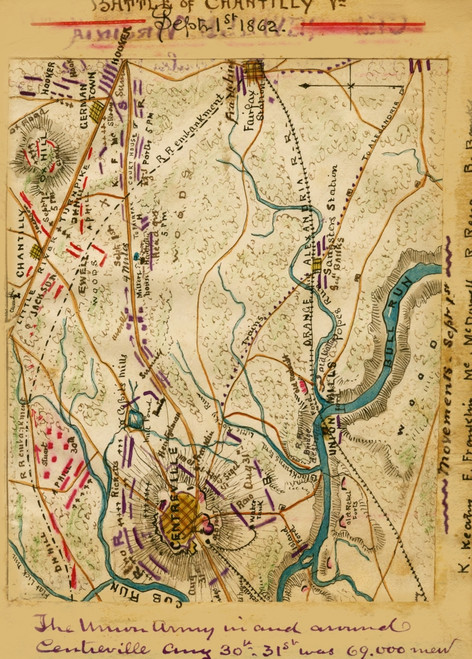 Battle of Chantilly Va.. Pr Battle of Ox Hill.  Area between Chantilly to the north and Bull Run to the south where Pope massed his troops prior to their retreat back to Washington. The location of Centreville and Fairfax Station are also indicated.