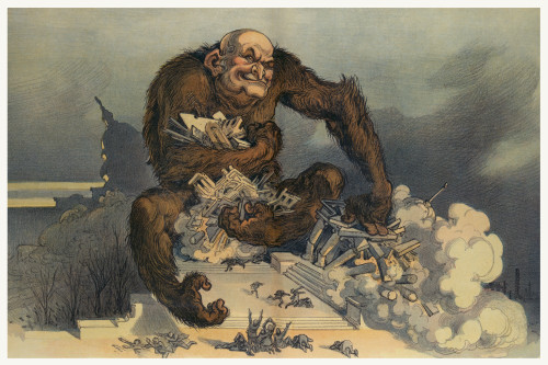 Illustration shows a large gorilla-like monster with human head, clutching clusters of buildings with his left hand, causing some citizens to flee while others plead for mercy.  Art by Udo J. Keppler.   1910 January 12. Poster Print by Udo J. Keppler Illustration shows a large gorilla-like monster with human head, clutching clusters of buildings with his left hand, causing some citizens to flee while others plead for mercy.  Art by Udo J. Keppler.   1910 January 12. Poster Print by Udo J. Keppler