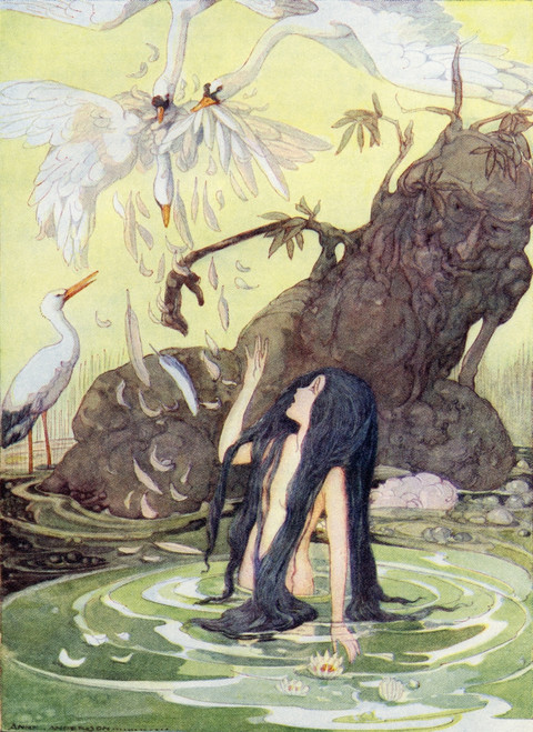 Illustration from The Marsh King's Daughter.  From The Golden Wonder Book for Children published 1934. There sat the Marsh King daughter with no covering but her long black hair. Poster Print by Hilary Jane Morgan / Design Pics - Item # VARDPI1232116