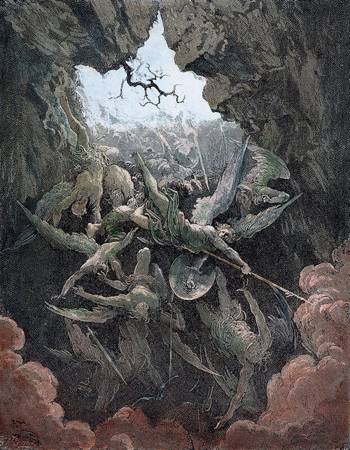 Milton: Paradise Lost. /Nthe Rebel Angels Fall Through The Breach In The Wall Of Heaven And Plunge Down Into Hell (Book Vi, Lines 874-5 Of John Milton'S 'Paradise Lost'). Wood Engraving After Gustave Dor_. Poster Print by Granger Collection - Item #