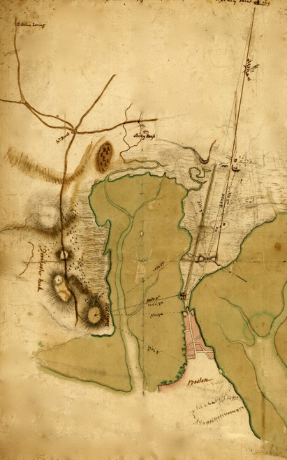 British Lines on Boston Neck - Bunker Hill - 1775; fortifications at the Boston Neck and ranges to different points from a battery on Foster's Hill on Dorchester Neck and from fortifications outside the Neck which do not agree. Poster Print - Item #