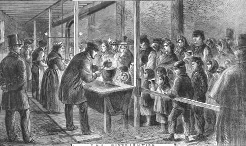 England: Soup Kitchen, 1862./Nthe Society Of Friends Soup Kitchen In Manchester During The Cotton Famine Following The Union Blockade Of Confederate Ports During The American Civil War. Wood Engraving, English, 1862. Poster Print by Granger Collectio