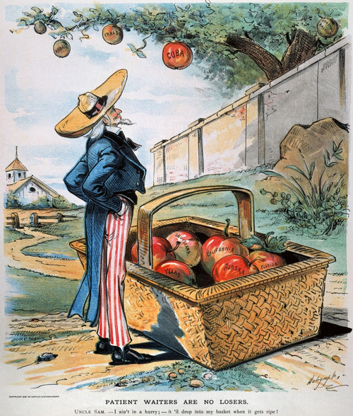 New Territories Cartoon. /N'Patient Waiters Are No Losers.' An American Cartoon Of 1897 Showing A Patient Uncle Sam Waiting For New Territories (Cuba, Canada, Hawaii, And Central America) To Fall Into His Possession. Poster Print by Granger Collectio