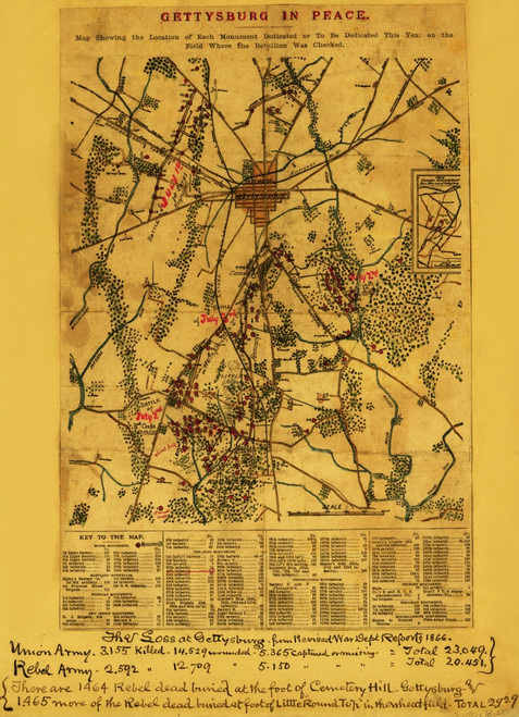 Gettysburg Battlefield.  Places where his unit saw action on the battlefield. "Map showing the location of each monument dedicated or to be dedicated this year on the field where the Rebellion was checked." Poster Print by Robert Knox Sneden - Item #