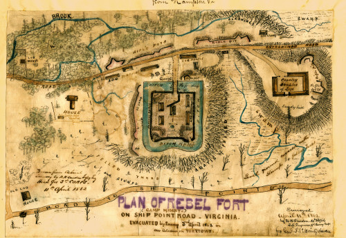 Plan of Rebel fort on Ship Point Road - Virginia..  Camp Misery and the surrounding woods and swamp; Ship Point Road is to the south. The camp was evacuated as the Union forces began their siege of Yorktown. Poster Print by Robert Knox Sneden - Item