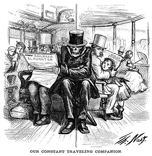 Railroad Accidents, 1871. /N'Our Constant Traveling Companion.' An 1871 American Cartoon Comment By Thomas Nast On The Frequent Fatal Railroad (Left) And Steamboat (Right) Accidents Of The Time. Poster Print by Granger Collection - Item # VARGRC00607