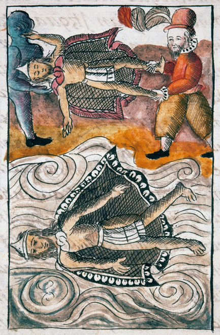 Montezuma Ii: Death, 1520. /Nspaniards Carry The Bodies Of Aztec Emperor Montezuma Ii And A Local Lord To The Water Before Burial, June 1520. Drawing From The Codex Florentino, Compiled By Bernardino De Sahagun, C1540. Poster Print by Granger Collect
