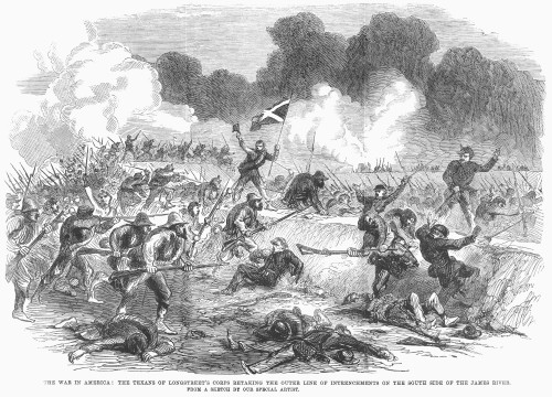 Civil War: Petersburg. /Njames Longstreet'S Texas Brigade Retaking The Union Army'S Position On The James River Before The Siege Of Petersburg During The American Civil War, 16 June 1864. Contemporary Line Engraving. Poster Print by Granger Collectio