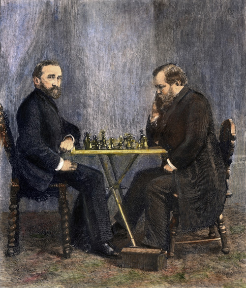 Zukertort Vs. Steinitz. /Njohannes Hermann Zukertort And Wilhelm Steinitz At The Time Of Their Chess Championship Match In New York In 1886. Wood Engraving From A Contemporary American Newspaper. Poster Print by Granger Collection - Item # VARGRC0088