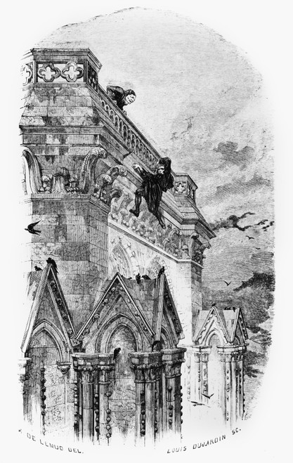 Hunchback Of Notre Dame. /Nquasimodo Pushes Frollo, The Archdeacon, To His Death From Notre Dame Cathedral In Paris, France. Wood Engraving From An 1882 French Edition Of Victor Hugo'S Novel 'The Hunchback Of Notre Dame,' First Published In 1831. Pos