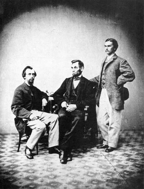 Lincoln & Secretaries, /N1863. Abraham Lincoln (1809-1865), 16Th President Of The United States (Center), With His Secretaries John G. Nicolay (Left) And John M. Hay (Right). Photographed By Alexander Gardner, Washington, D.C., 8 November 1863. Poste Lincoln & Secretaries, /N1863. Abraham Lincoln (1809-1865), 16Th President Of The United States (Center), With His Secretaries John G. Nicolay (Left) And John M. Hay (Right). Photographed By Alexander Gardner, Washington, D.C., 8 November 1863. Poste