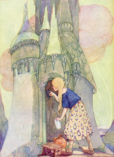 The Seven Crows. Illustration from The Golden Wonder Book for Children published 1934.  After a great deal of thinking she hit on a plan and bending her liffle finger tried to use it as a key. Poster Print by Hilary Jane Morgan / Design Pics - Item #
