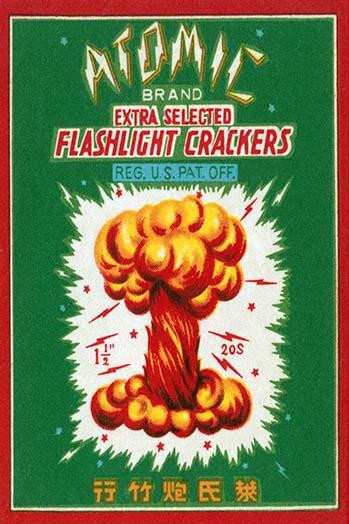 An original firecracker label dating from between 1930 and 1950, made for export, or for internal use in China.  Twenty firecrackers were in this pack.  The exploding nuclear bomb mushroom cloud was designed to catch the attention of children. Poster