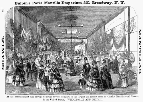 New York: Shopping, 1854. /N'At This Establishment May Always Be Found Beyond Comparison The Largest And Richest Stock Of Cloaks, Mantillas And Shawls In The United States. Wholesale And Retail.' Wood Engraving From A Merchant'S Directory. Poster Pri New York: Shopping, 1854. /N'At This Establishment May Always Be Found Beyond Comparison The Largest And Richest Stock Of Cloaks, Mantillas And Shawls In The United States. Wholesale And Retail.' Wood Engraving From A Merchant'S Directory. Poster Pri