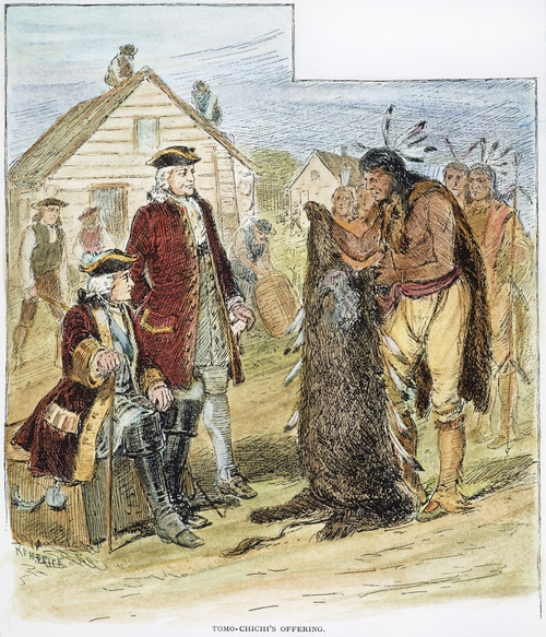 Chief Tomo-Chichi (1642-1739). /Nyamacraw Chief Tomo-Chichi Offers James Oglethorpe A Bison Skin Painted With The Head And Feathers Of An Eagle At Savannah, Georgia, In 1733: Wood Engraving, American, 1887. Poster Print by Granger Collection - Item #